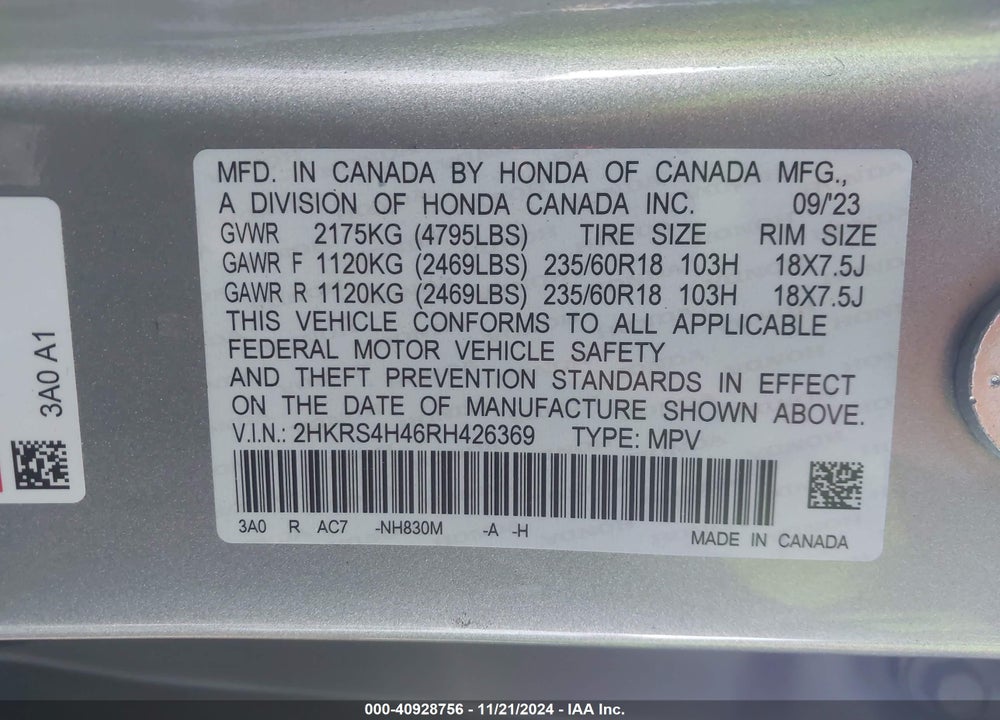 2024 HONDA CR-V EX AWD VIN: 2HKRS4H46RH426369