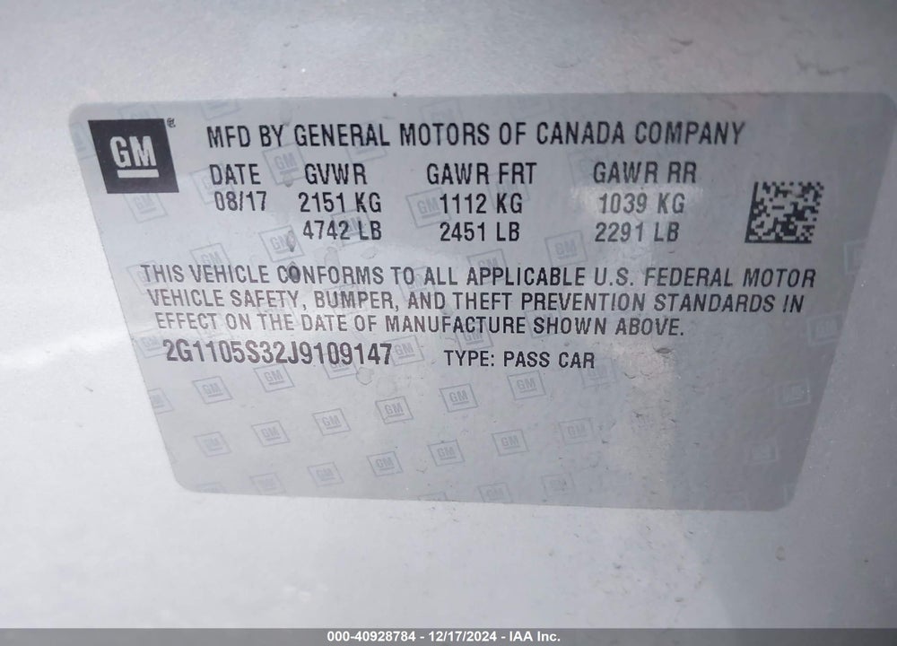 2018 CHEVROLET IMPALA VIN: 2G1105S32J9109147