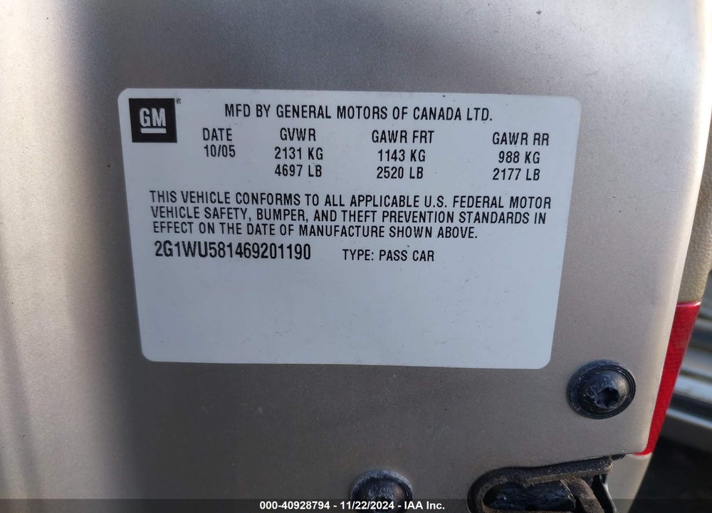 2006 CHEVROLET IMPALA LTZ VIN: 2G1WU581469201190