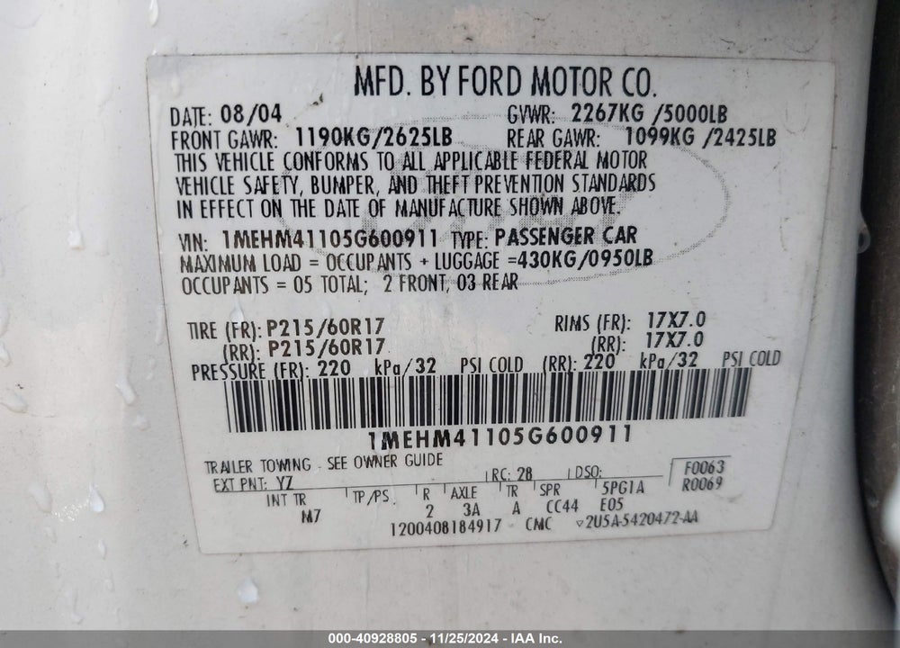 2005 MERCURY MONTEGO LUXURY VIN: 1MEHM41105G600911