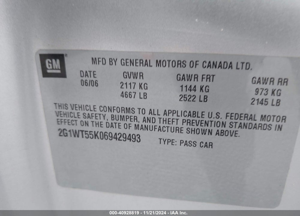 2006 CHEVROLET IMPALA VIN: 2G1WT55K069429493