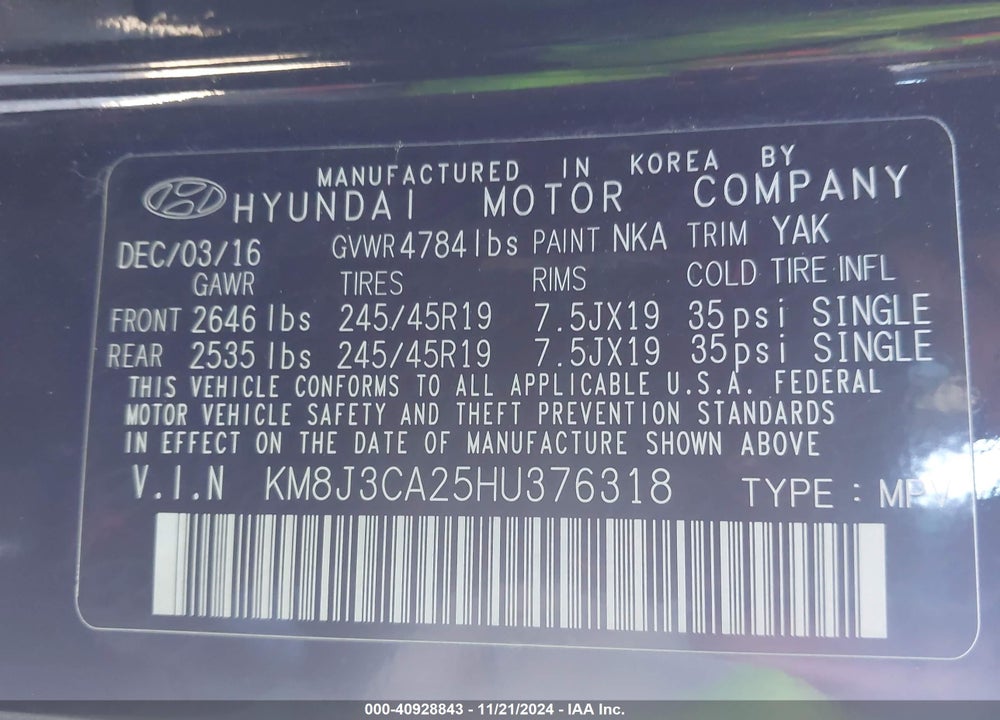 2017 HYUNDAI TUCSON LIMITED VIN: KM8J3CA25HU376318