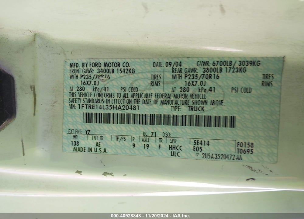 2005 FORD E-150 COMMERCIAL/RECREATIONAL VIN: 1FTRE14L35HA20481