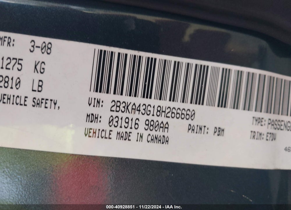 2008 DODGE CHARGER VIN: 2B3KA43G18H266660