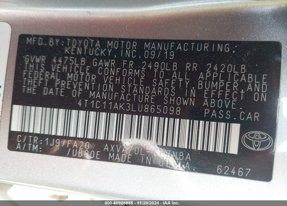 2020 TOYOTA CAMRY LE VIN: 4T1C11AK3LU865098