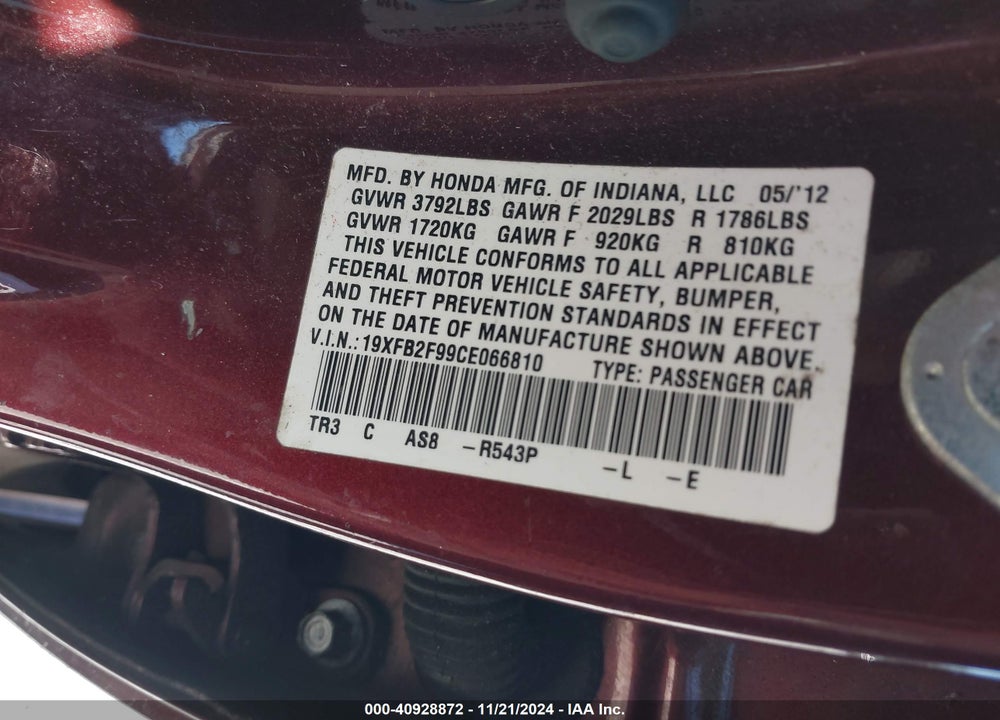 2012 HONDA CIVIC EX-L VIN: 19XFB2F99CE066810