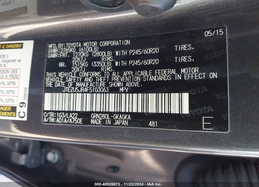 2015 TOYOTA 4RUNNER LIMITED VIN: JTEZU5JR4F5103063