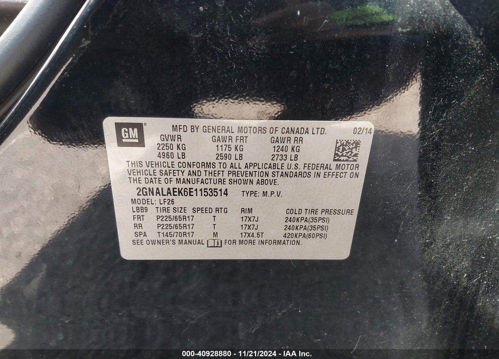 2014 CHEVROLET EQUINOX LS VIN: 2GNALAEK6E1153514