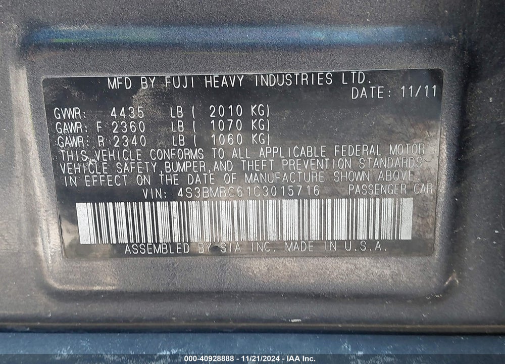 2012 SUBARU LEGACY 2.5I PREMIUM VIN: 4S3BMBC61C3015716