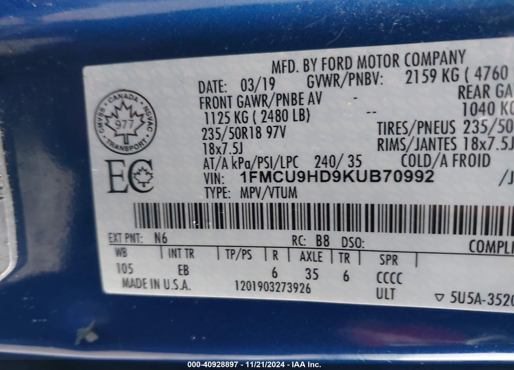 2019 FORD ESCAPE SEL VIN: 1FMCU9HD9KUB70992