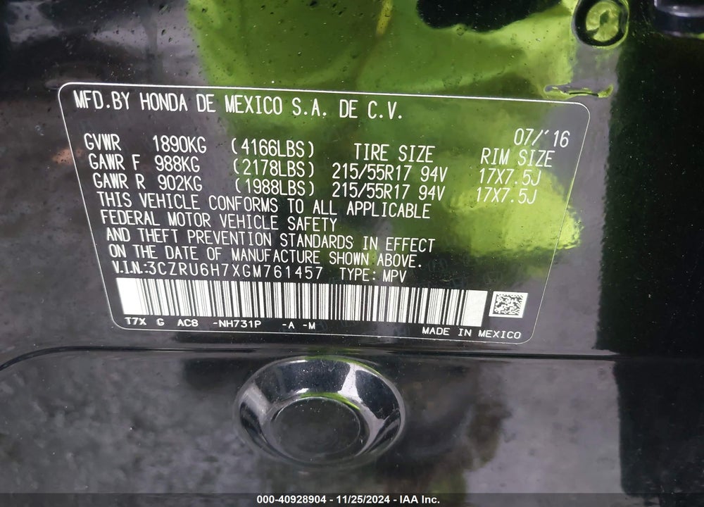 2016 HONDA HR-V EX-L VIN: 3CZRU6H7XGM761457