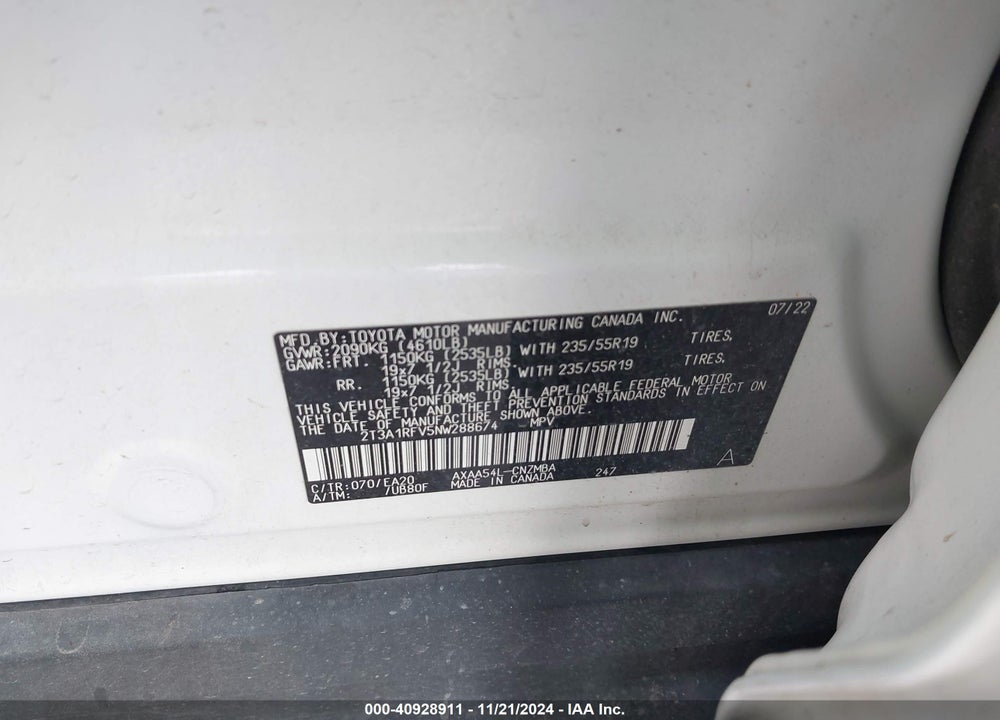 2022 TOYOTA RAV4 XLE PREMIUM VIN: 2T3A1RFV5NW288674