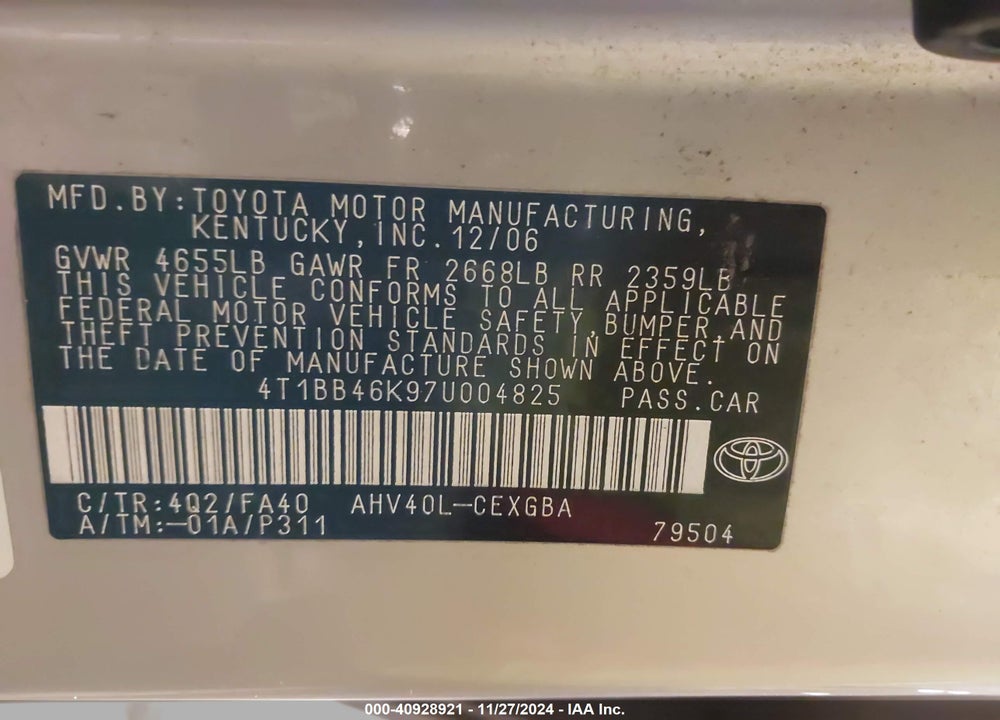 2007 TOYOTA CAMRY HYBRID VIN: 4T1BB46K97U004825