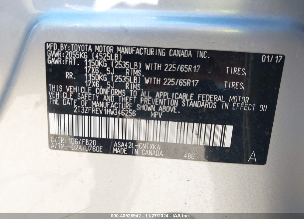 2017 TOYOTA RAV4 LE VIN: 2T3ZFREV1HW346256