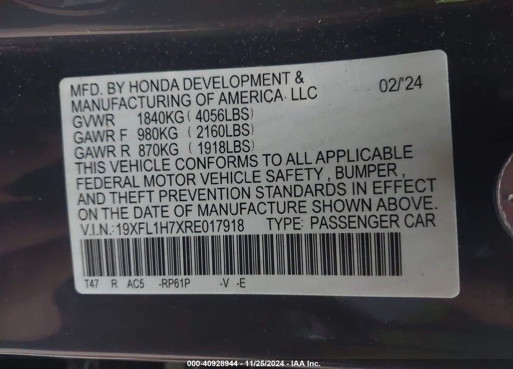 2024 HONDA CIVIC EX-L VIN: 19XFL1H7XRE017918