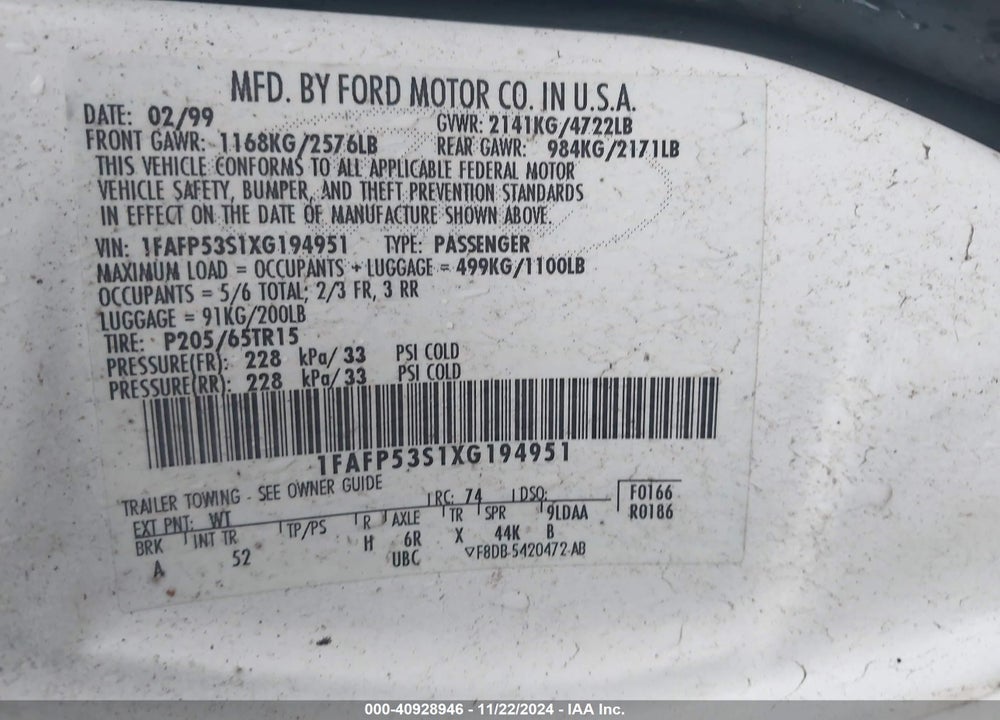 1999 FORD TAURUS SE/SE-NE VIN: 1FAFP53S1XG194951