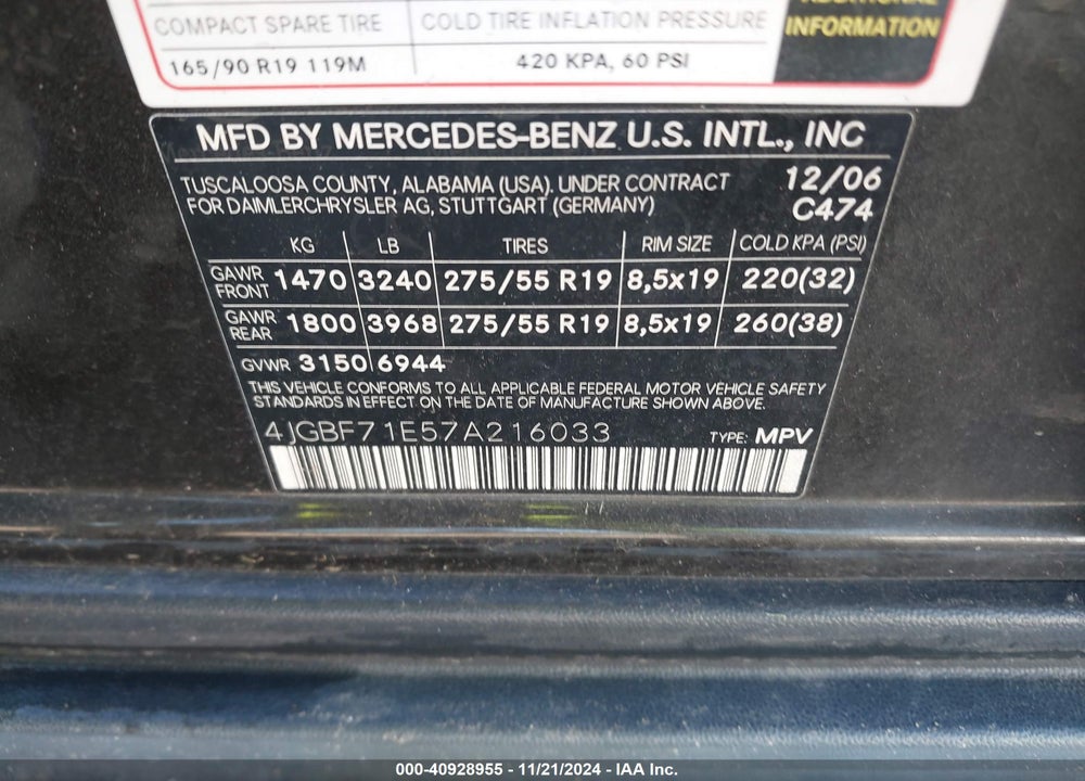2007 MERCEDES-BENZ GL 450 4MATIC VIN: 4JGBF71E57A216033