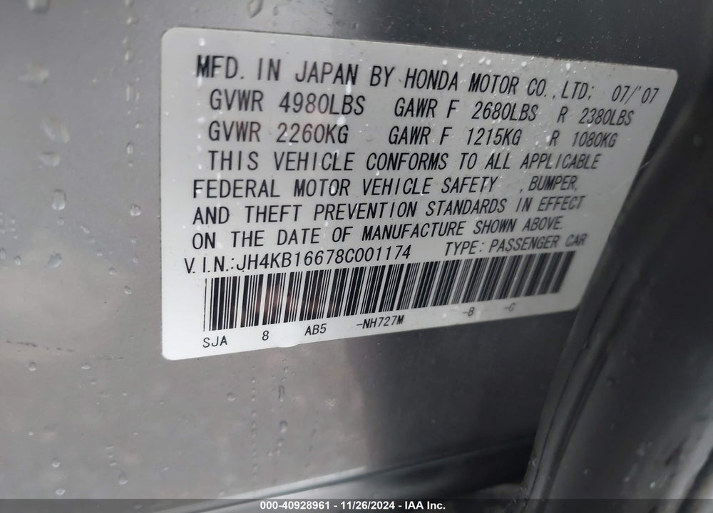 2008 ACURA RL 3.5 VIN: JH4KB16678C001174
