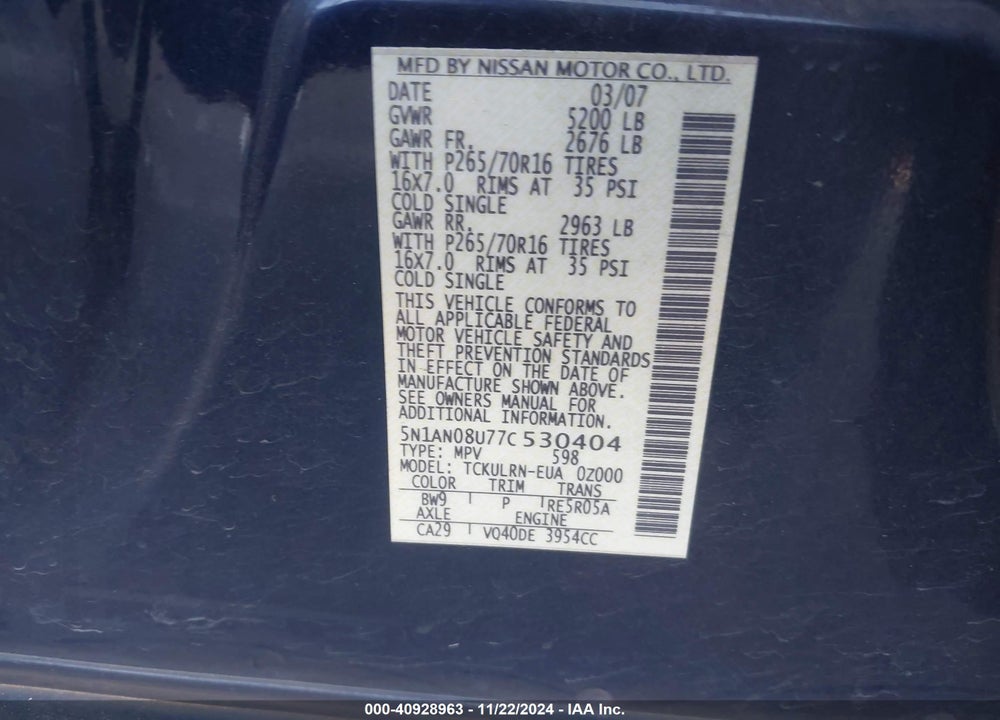 2007 NISSAN XTERRA S VIN: 5N1AN08U77C530404