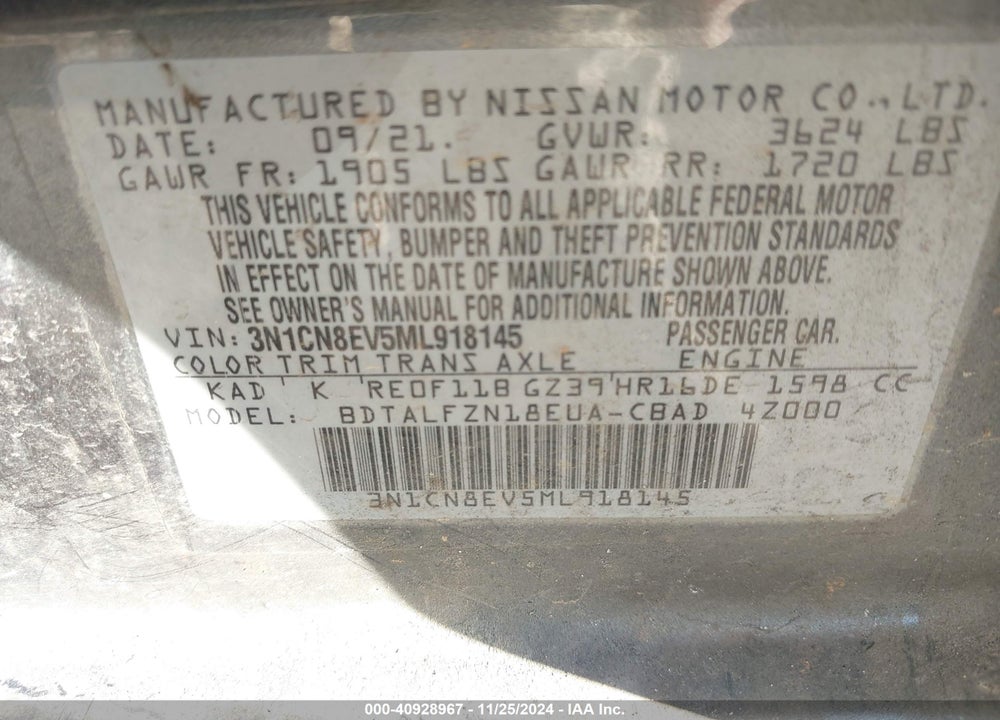 2021 NISSAN VERSA SV XTRONIC CVT VIN: 3N1CN8EV5ML918145