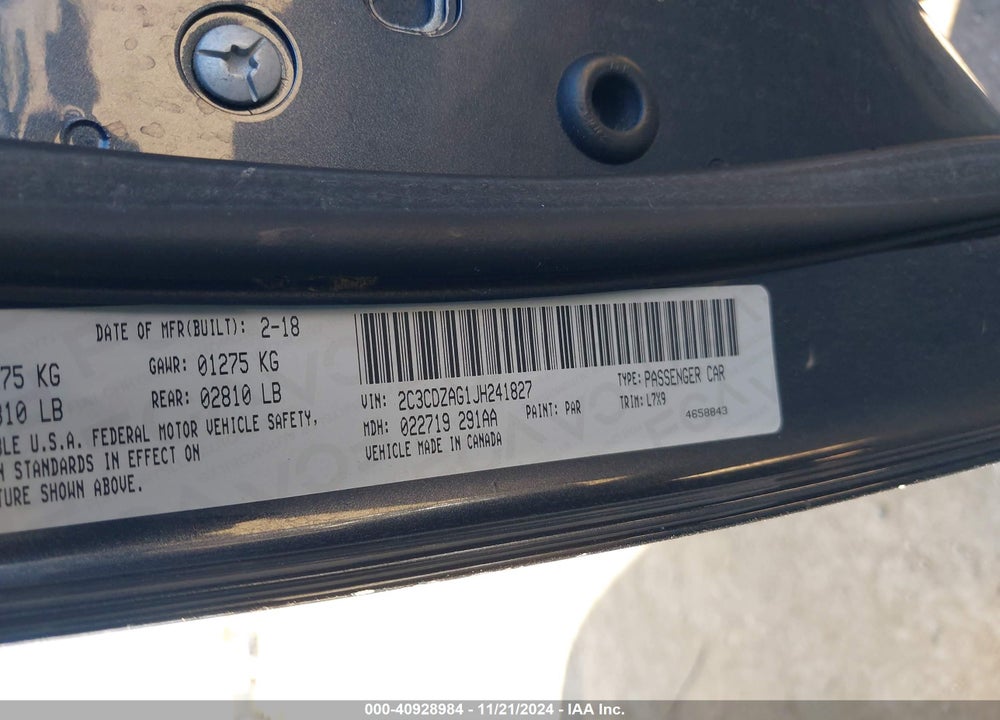2018 DODGE CHALLENGER VIN: 2C3CDZAG1JH241827