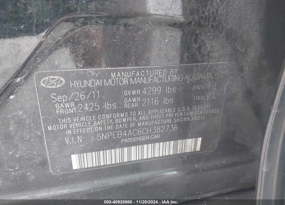 2012 HYUNDAI SONATA GLS VIN: 5NPEB4AC6CH382736