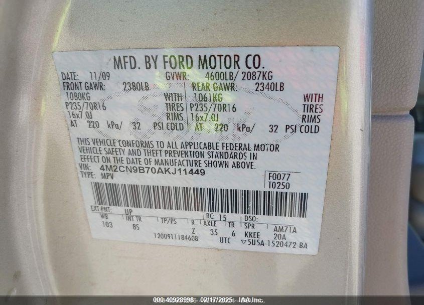 2010 MERCURY MARINER VIN: 4M2CN9B70AKJ11449