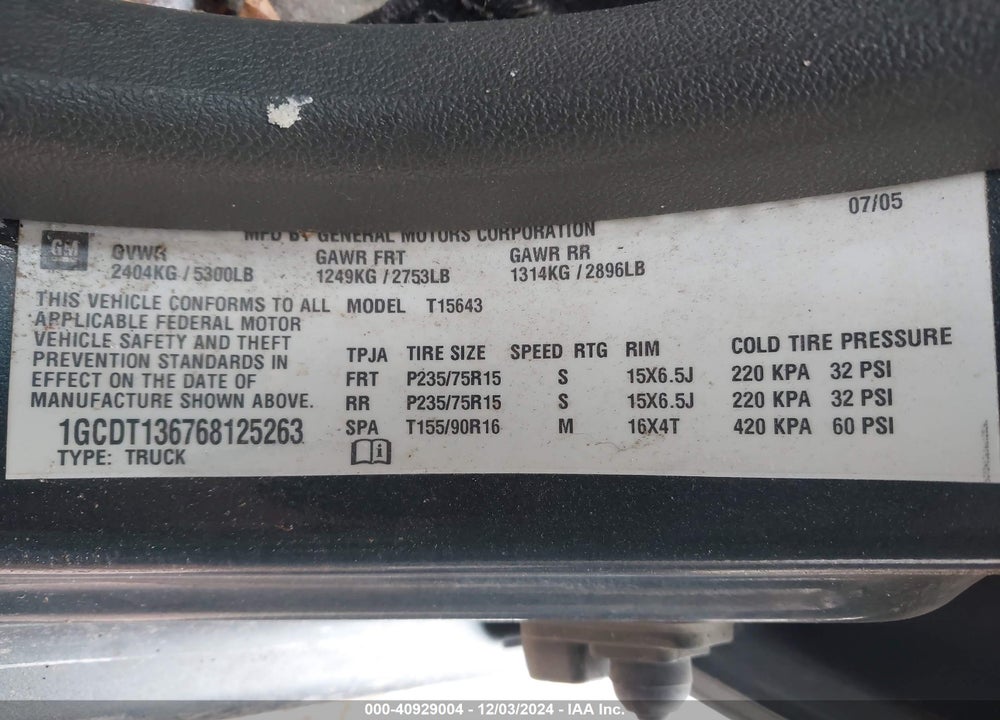 2006 CHEVROLET COLORADO LT VIN: 1GCDT136768125263
