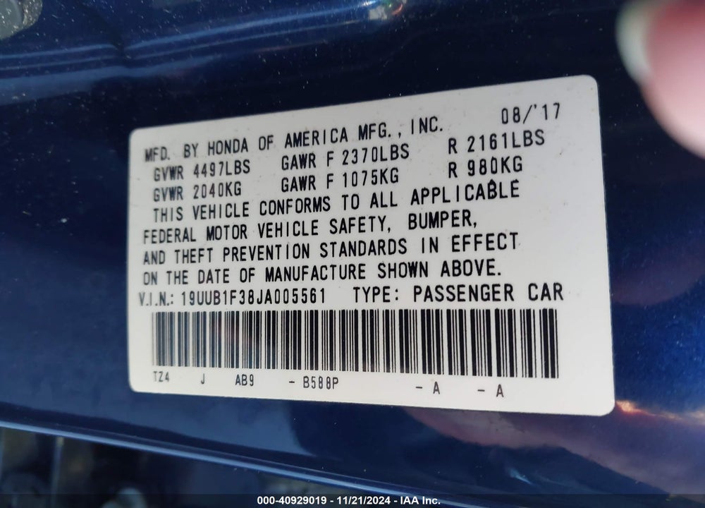 2018 ACURA TLX VIN: 19UUB1F38JA005561