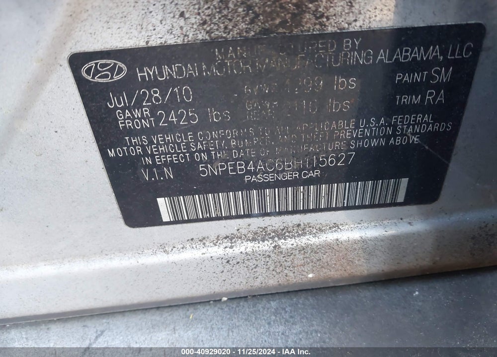 2011 HYUNDAI SONATA GLS VIN: 5NPEB4AC6BH115627