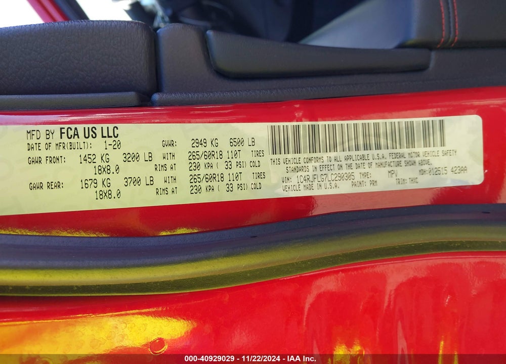 2020 CHEROKEE JEEP GRAND  TRAILHAWK 4X4 VIN: 1C4RJFLG7LC290305