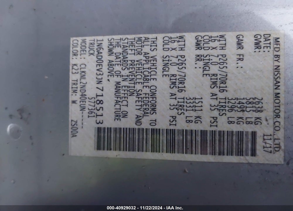2018 NISSAN FRONTIER SV VIN: 1N6AD0EV3JN718513