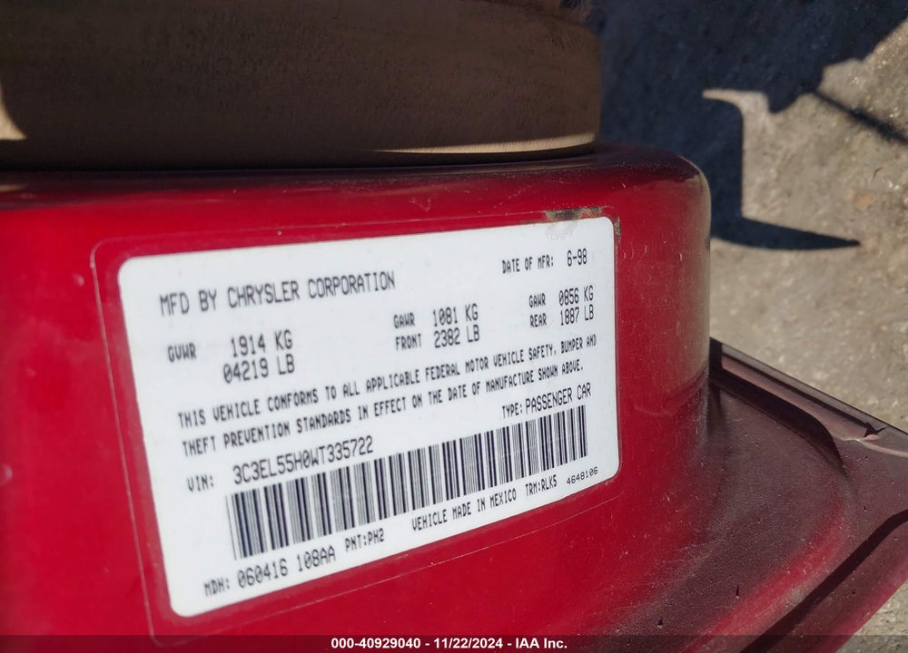 1998 CHRYSLER SEBRING JXI VIN: 3C3EL55H0WT335722