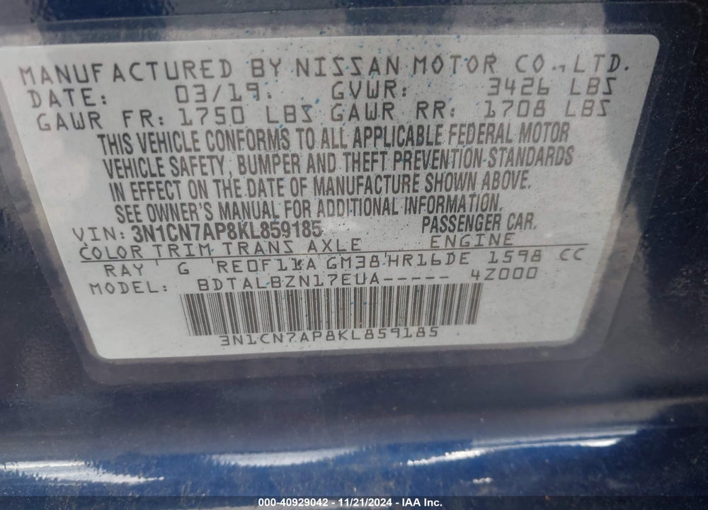 2019 NISSAN VERSA VIN: 3N1CN7AP8KL859185