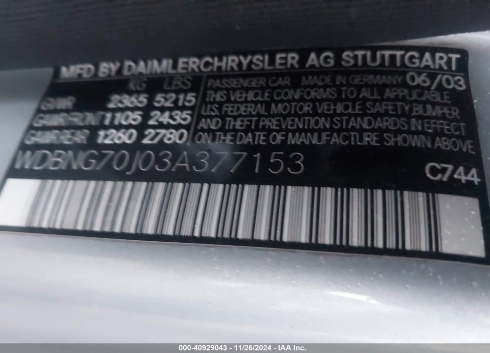 2003 MERCEDES-BENZ S 430 VIN: WDBNG70J03A377153