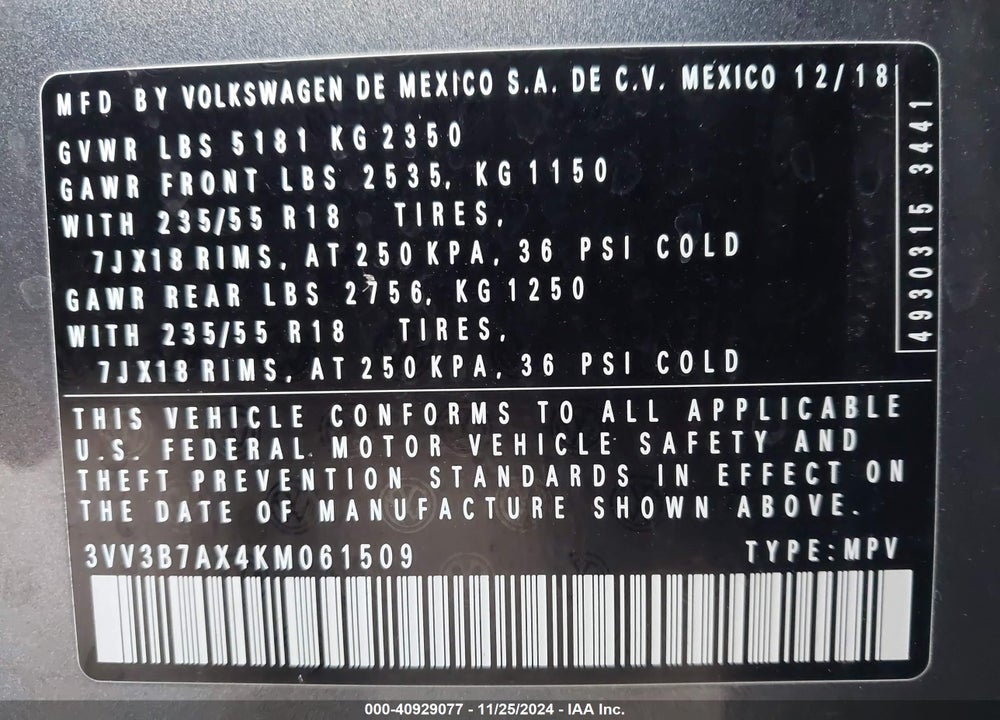 2019 VOLKSWAGEN TIGUAN 2.0T SE/2.0T SEL/2.0T SEL R-LINE/2.0T SEL R-LINE BLACK VIN: 3VV3B7AX4KM061509