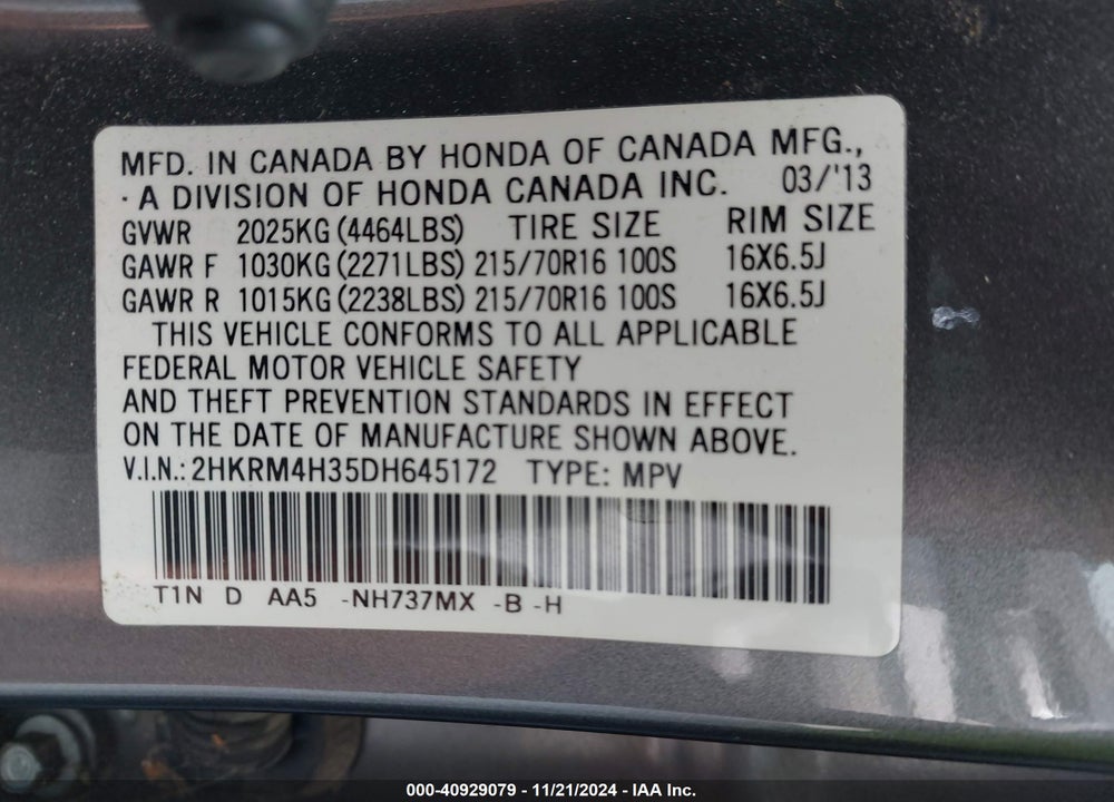 2013 HONDA CR-V LX VIN: 2HKRM4H35DH645172
