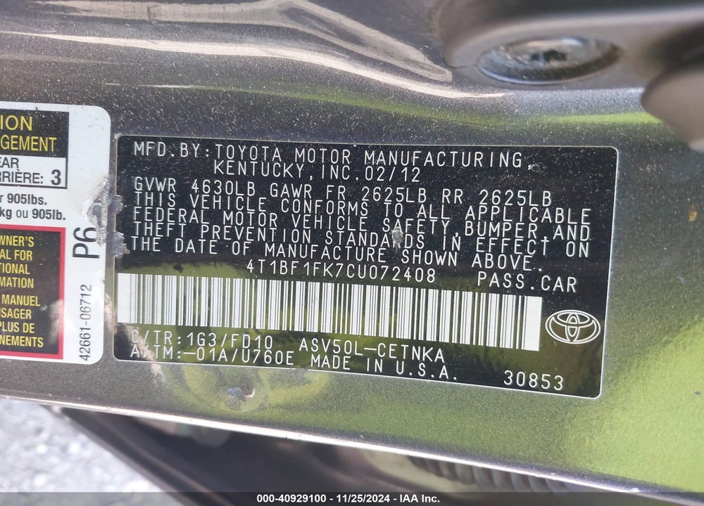 2012 TOYOTA CAMRY LE VIN: 4T1BF1FK7CU072408