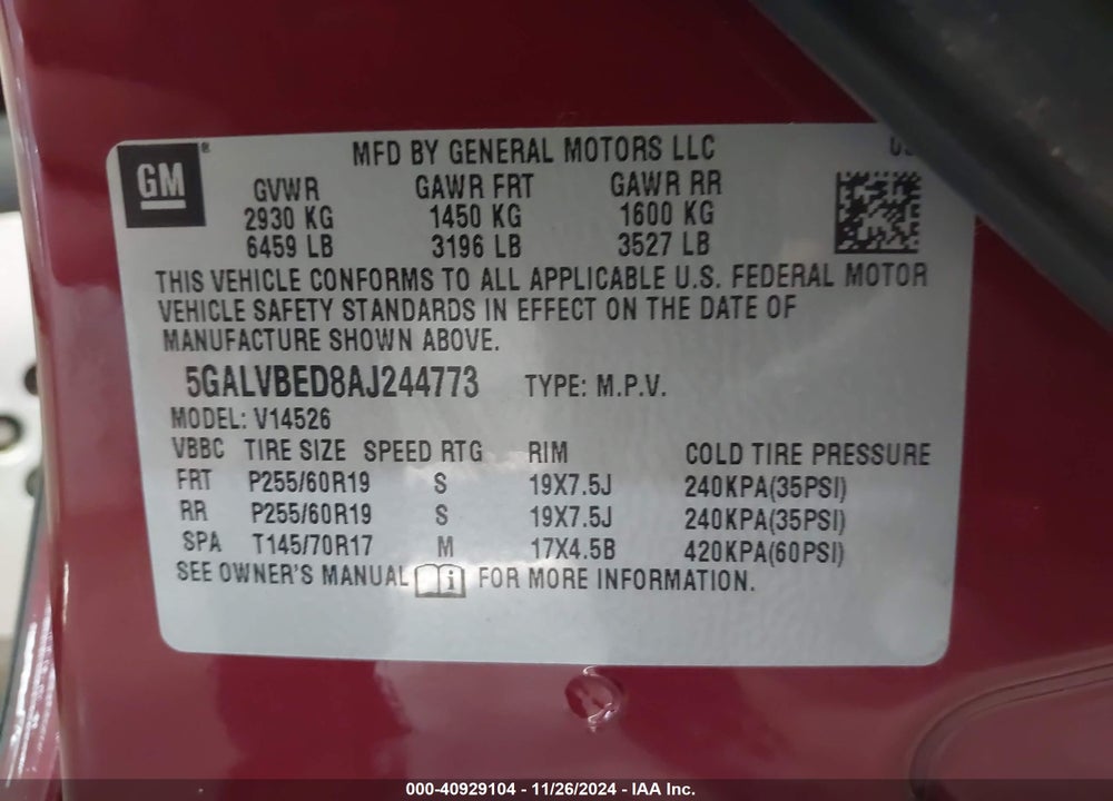 2010 BUICK ENCLAVE 1XL VIN: 5GALVBED8AJ244773