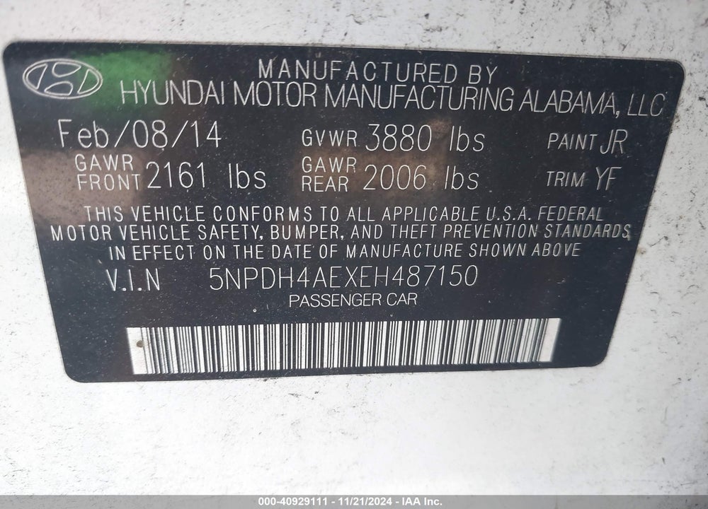 2014 HYUNDAI ELANTRA SE VIN: 5NPDH4AEXEH487150