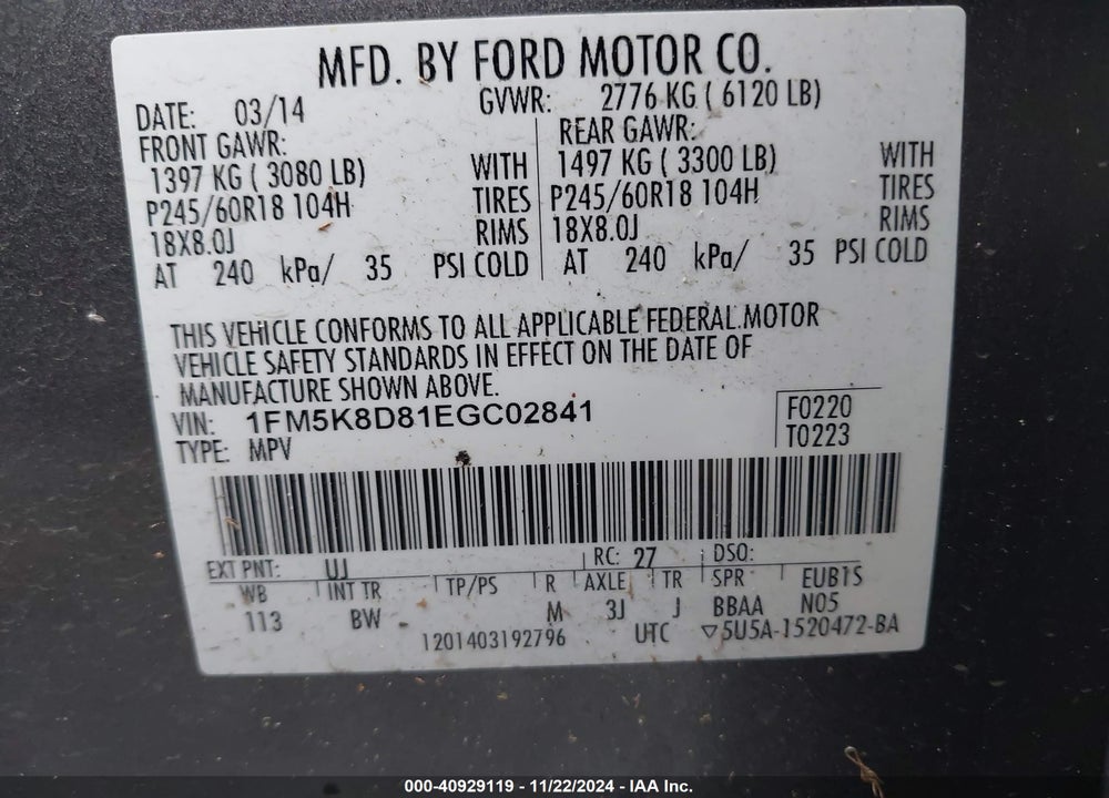 2014 FORD EXPLORER VIN: 1FM5K8D81EGC02841