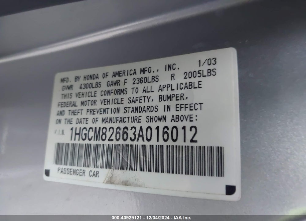 2003 HONDA ACCORD CPE VIN: 1HGCM82663A016012