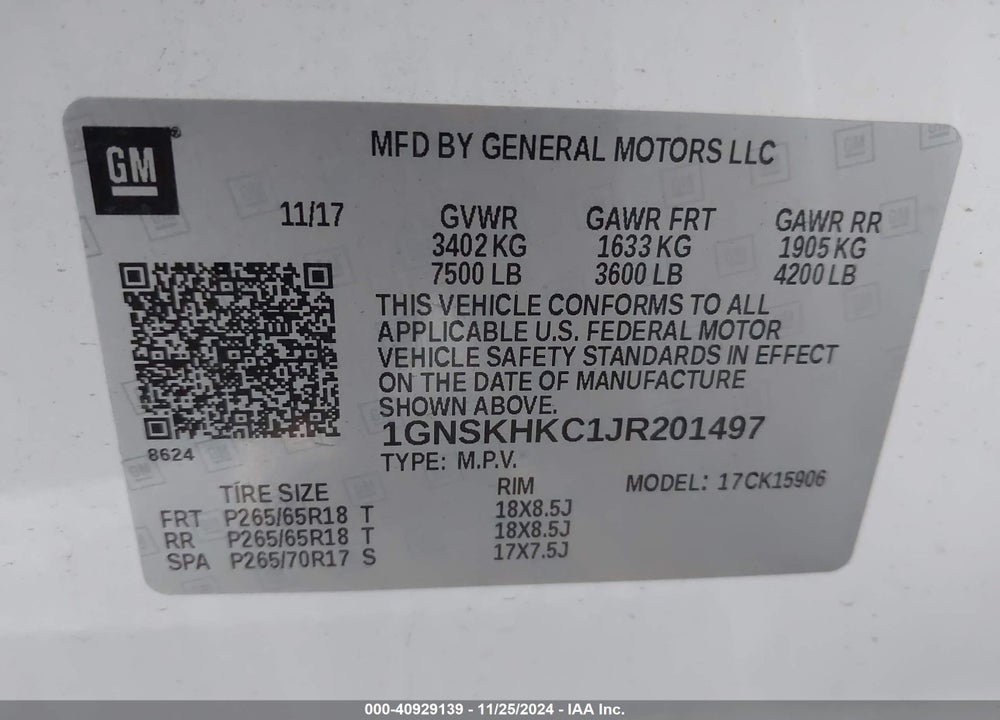 2018 CHEVROLET SUBURBAN LT VIN: 1GNSKHKC1JR201497