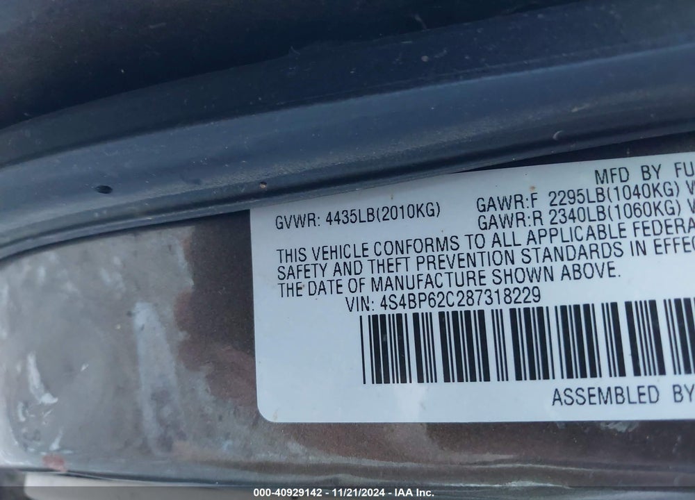 2008 SUBARU OUTBACK 2.5I LIMITED/2.5I LIMITED L.L. BEAN EDITION VIN: 4S4BP62C287318229