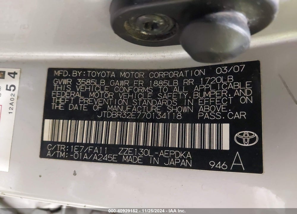 2007 TOYOTA COROLLA CE/LE/S VIN: JTDBR32E770134118