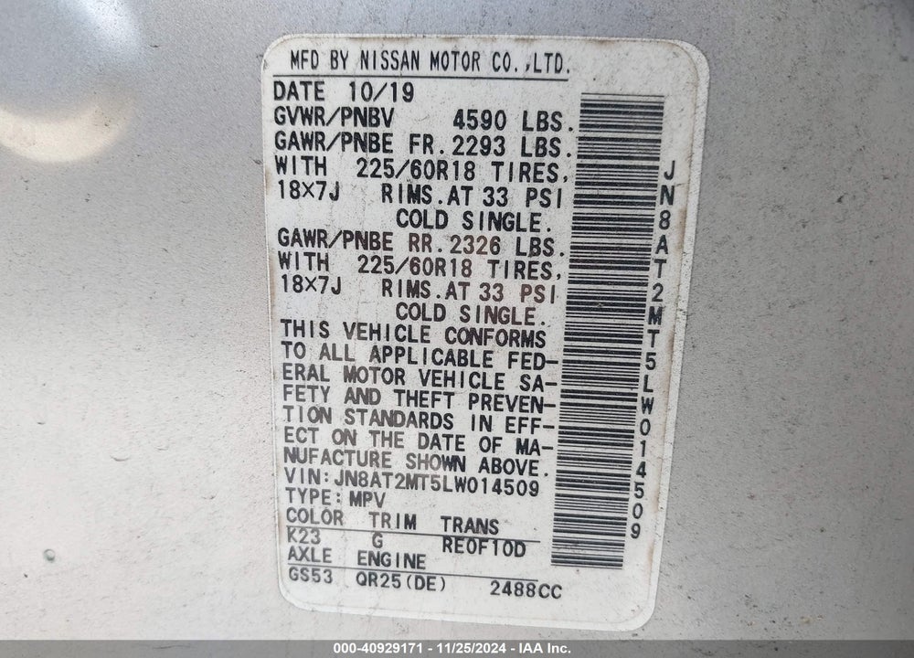 2020 NISSAN ROGUE SV FWD VIN: JN8AT2MT5LW014509