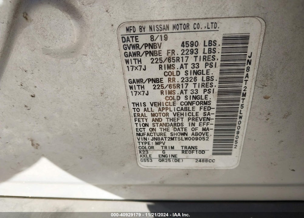 2020 NISSAN ROGUE SV FWD VIN: JN8AT2MT5LW009052