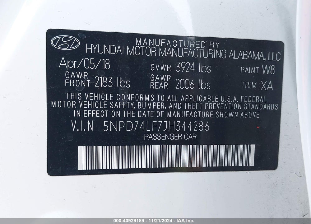 2018 HYUNDAI ELANTRA SE VIN: 5NPD74LF7JH344286