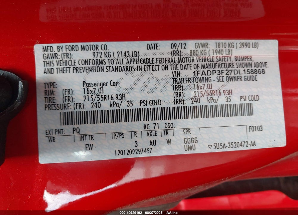 2013 FORD FOCUS VIN: 1FADP3F27DL158868