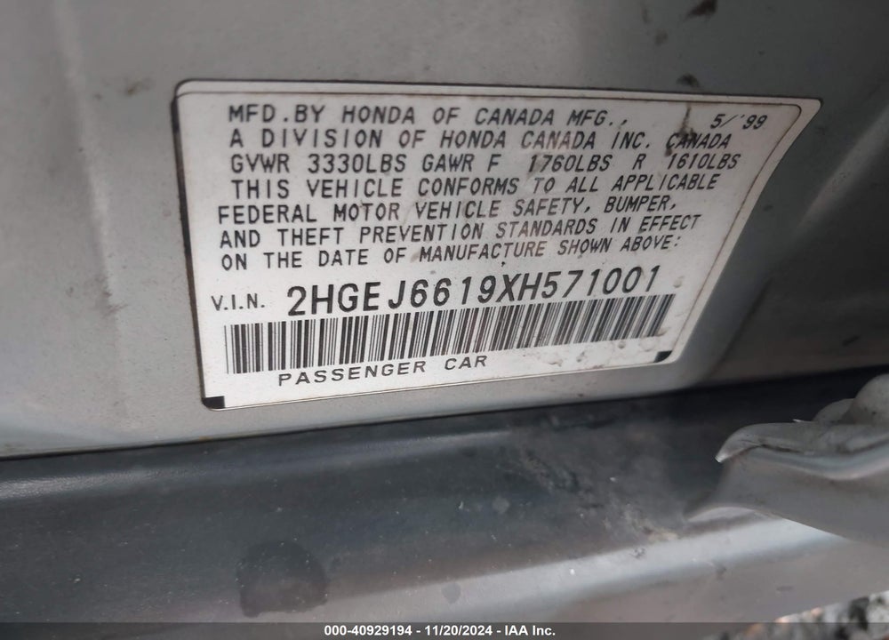 1999 HONDA CIVIC VALUE PACKAGE VIN: 2HGEJ6619XH571001